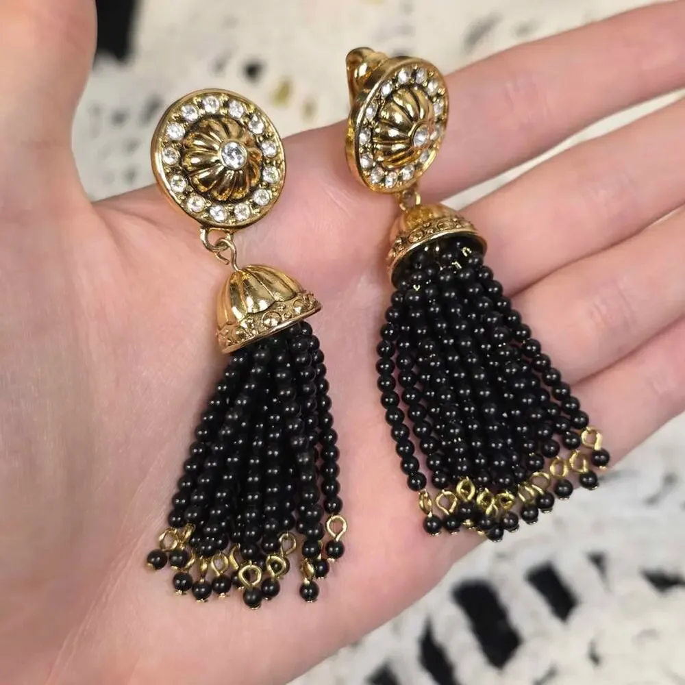 Vintage Avon Black Beaded Tassel Clip-On Earrings Gold Rhinestone Statement